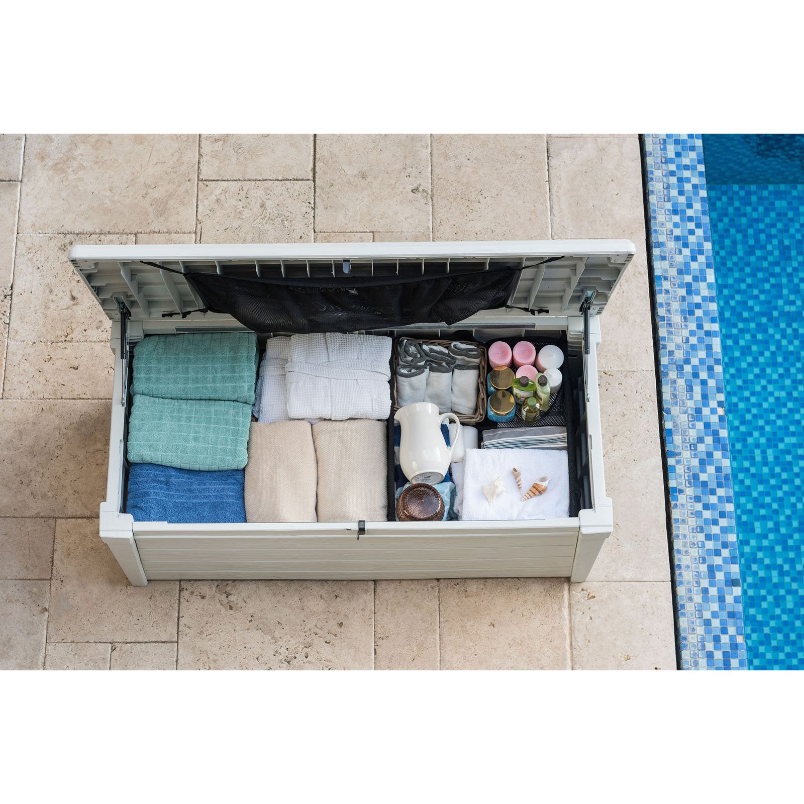 Coffre De Jardin Keter Brightwood Poolbox 454 Litres - Effet Bois Résine Résistante UV